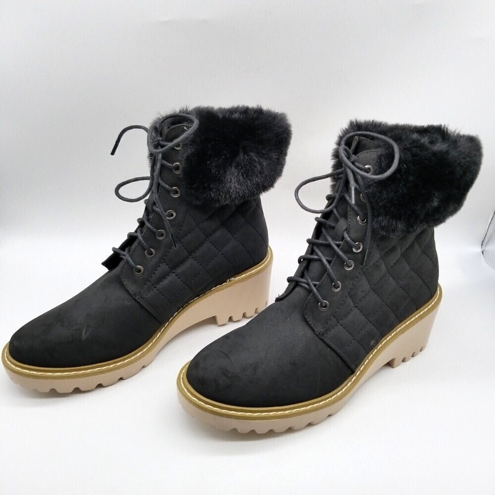 Nicole Miller Women Black Faux Suede Latte Lace Up Boots 10